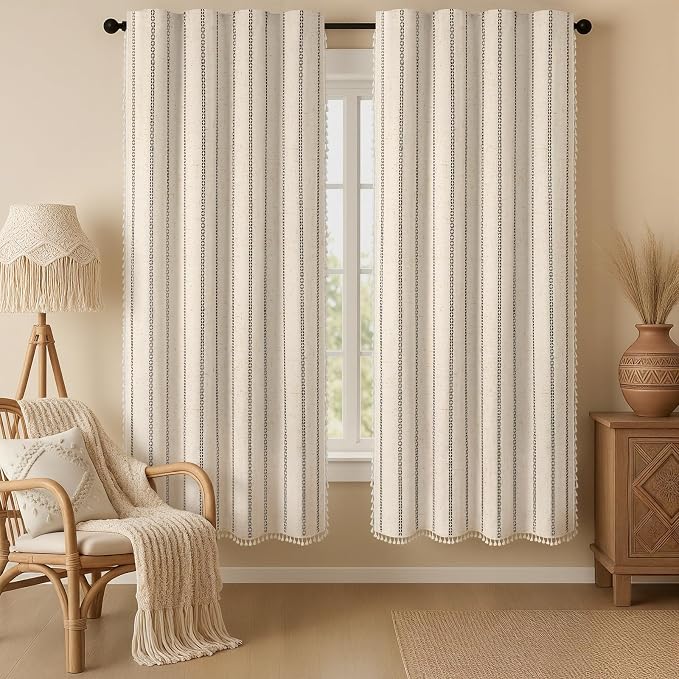Beige Boho Blackout Curtains 2 Panels 72 Inch for Living Room Bedroom, Linen Texture Farmhouse Curtains with Tassels and Black Cotton Embroidery Vintage Rustic Western Rod Pocket