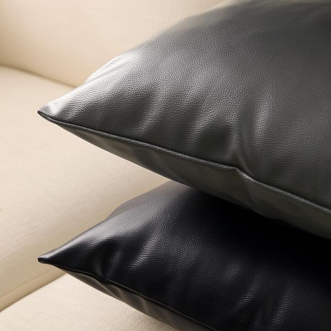 Encasa XO Faux Leather Throw Pillows Covers 20"x20" (Set of 2) | Dark Grey Decorative Cushion Covers | Modern Farmhouse Pillow Cases for Outdoor, Living Room, Bedroom, Couch, Sofa