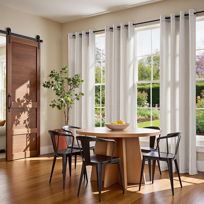 Vangao Linen Striped Curtains for Living Room Bedroom Farmhouse Tickingstripe Light Filtering Window Curtains Printed Drapes Grommet Top 2 Panels Taupe Grey W50 x L96 Inch