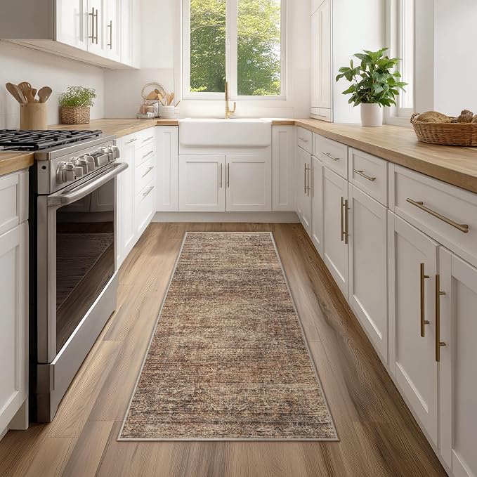 FMFUNCTEX 2x5 Washable Runner Rug Terracotta Vintage Neutral Distressed Oriental Non Slip Low Pile Retro Hallway Entryway Indoor Carpet for Kitchen Living Room Bedroom Bathroom Laundry Entry Bedside