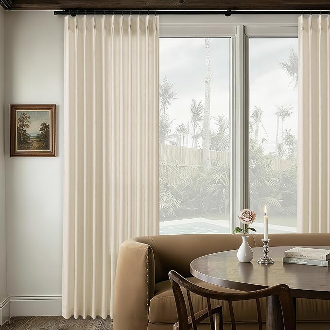 Cream Beige Extra Wide Pinch Pleat Linen Curtains 84 Inches Long | 72 Inch Wide, for Living Room Sliding Glass Door, Oatmeal, Boho, Pleated Drape, Hooks Rings, 72x84 Large Window Curtain