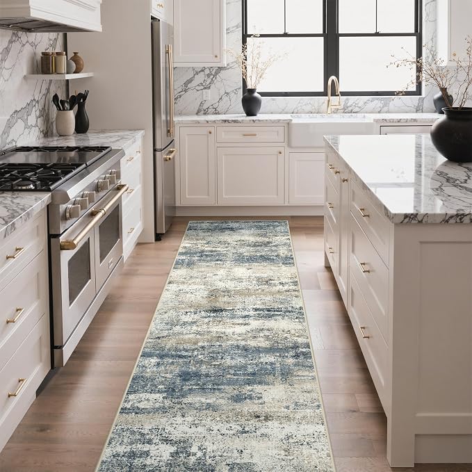 GENIMO Runner Rug Non Slip 2x12, Washable Rug Runner for Hallways Kitchen, Abstract Modern Kitchen Rugs, Low Pile Lightweight Carpet Runners for Entryway, Bedroom, Laundry, Navy Blue