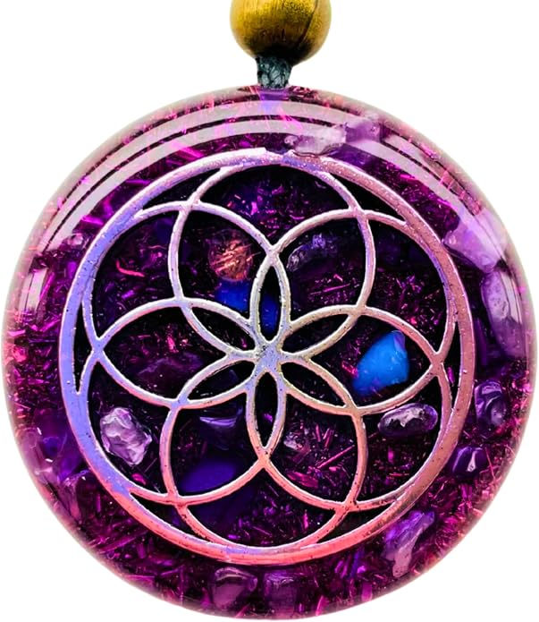 ARTE ORGONES & Design Orgone Necklace Seed of Life Healing Crystals Protection SBB Coil Copper Stone, Orgonite Pendant Amethyst Moonstone Rose Quartz, Yoga, Reiki, Handmade, Amulet