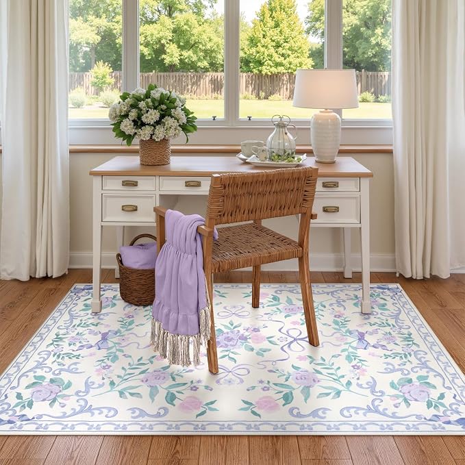Collive Purple Rugs for Bedroom Girls, 4x6 Boho Floral Washable Area Rug Non Slip, Soft Indoor Decor Elegant Carpet for Kids Room Nursery Living Room Dining Room (Purple 4' x 6')