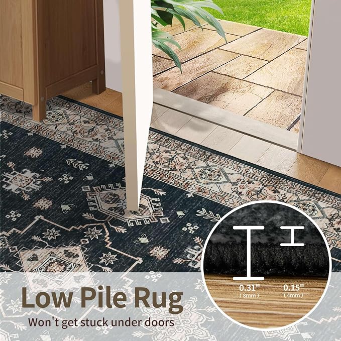 Rugxara Black 8x10 Area Rugs for Living Room Bedroom Large Washable Rug | Non Slip, Rug for Dining Room Office Kids Room, Stain Resistant, Soft, Low Pile, Vintage Boho Retro Carpet,Home Decor