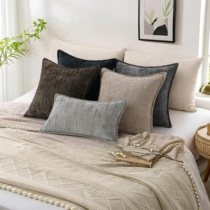decorUhome Chenille Decorative Throw Pillow Covers 12x20 Set of 2,Grey | Soft Texture, Slubby Modern Design, Flange Edges, Cozy Lumbar Accent Pillow Covers for Couch, Sofa, Bed, Living Room