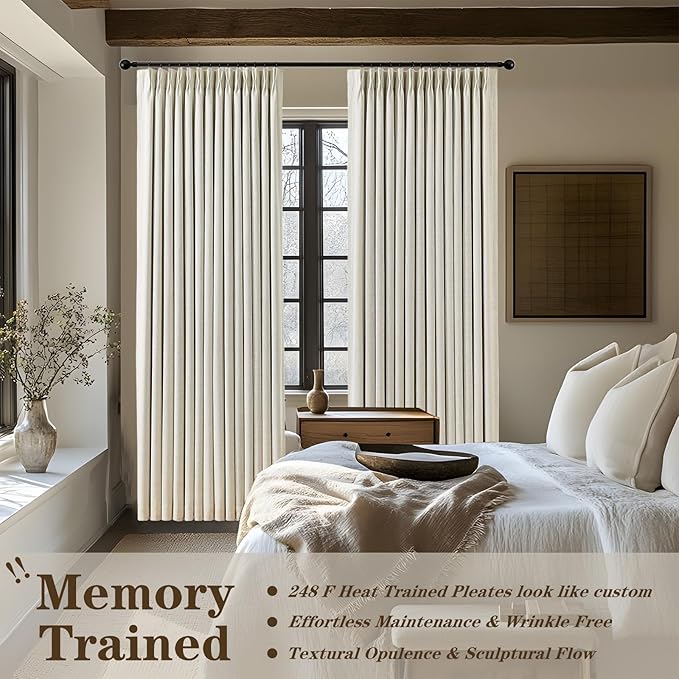 Pinch Pleated 100% Blackout Linen Curtains 95 Inches Long for Bedroom Natural Black Out Pleat Curtains for Living Dining Room Darkening Thermal Insulated Window Curtain Drapes with Pin Hooks, 2 Panels