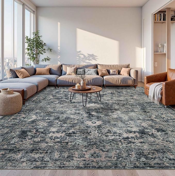 Rugxara Blue 10x14 Area Rugs for Living Room Bedroom Large Washable Rug | Non Slip, Rug for Dining Room Office Farmhouse, Stain Resistant, Soft, Low Pile, Vintage Boho Carpet, Home Decor