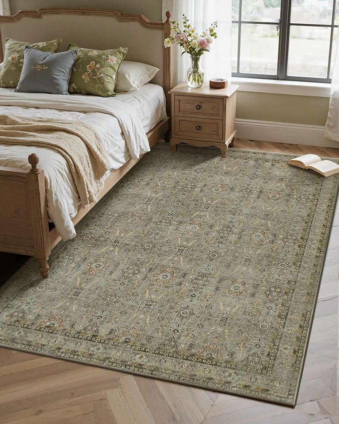 Rugxara 4x6 Area Rug Washable Rug for Living Room Bedroom, Olive Brown | Non Slip, Throw Rug for Entryway Dining Room Office Kids Room, Stain Resistant, Soft, Low Pile, Vintage Boho Floral Carpet