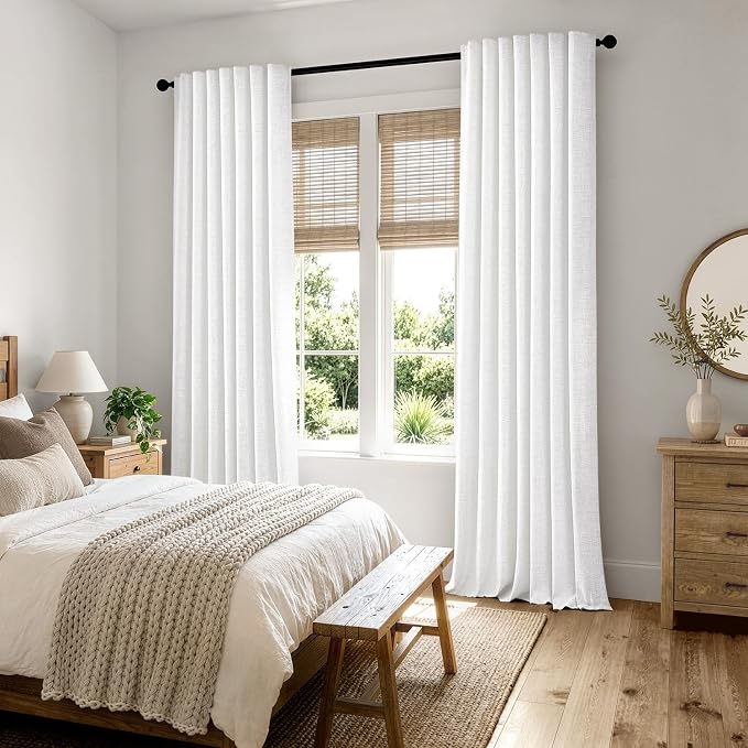 MIULEE 100% Blackout Linen Curtains 42 x 96 Inch Bright White 2 Panels | Thermal Insulated, Room Darkening Drapes for Bedroom Living Room, Back Tab Rod Pocket Pinch Pleated, Solid Luxury Decor