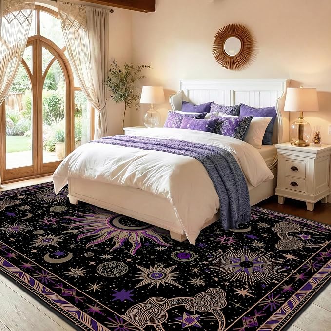 Vacuum-Friendly, 9x12 Washable Area Rug, Black Purple Beige | Sun and Moon Boho Gothic Non-Slip Low Pile Living Roon Bedroom Dining Room Kitchen Entry Entryway Entrance Hallway Doormat