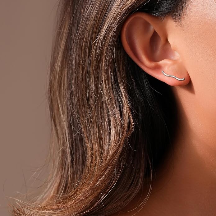 925 Sterling Silver Ocean Wave Crystals Ear Cuffs Climber Cartilage Earrings for Women, Dainty White CZ Trendy Earring Jewelry Hypoallergenic Fashion Earring Jewelry Gift for Birthday Wedding