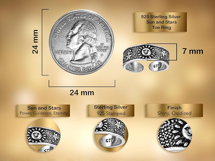 AeraVida .925 Sterling Silver Adjustable Toe Ring or Pinky Ring 5mm Wide Open Band, Stackable Minimalist Summer Foot Jewelry | Sun Moon Star Turtle Butterfly Leaf Olive Branch Ocean Wave Yin Yang Design