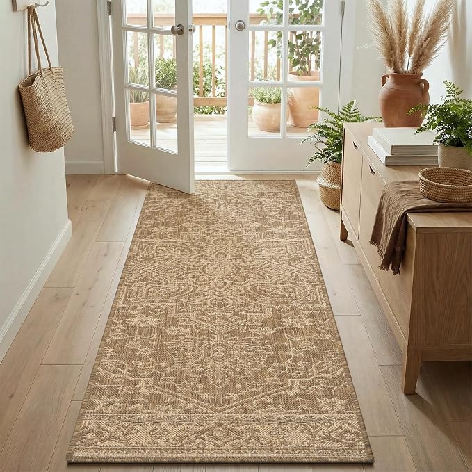 MontVoo-2x6 ft Indoor Outdoor Runner Rugs for Entryway Porch Hallway Kitchen Door Entrance Long, Textured Weave Polypropylene, Durable for High Traffic, Fade-Resistant, Vintage Medallion Neutral Brown