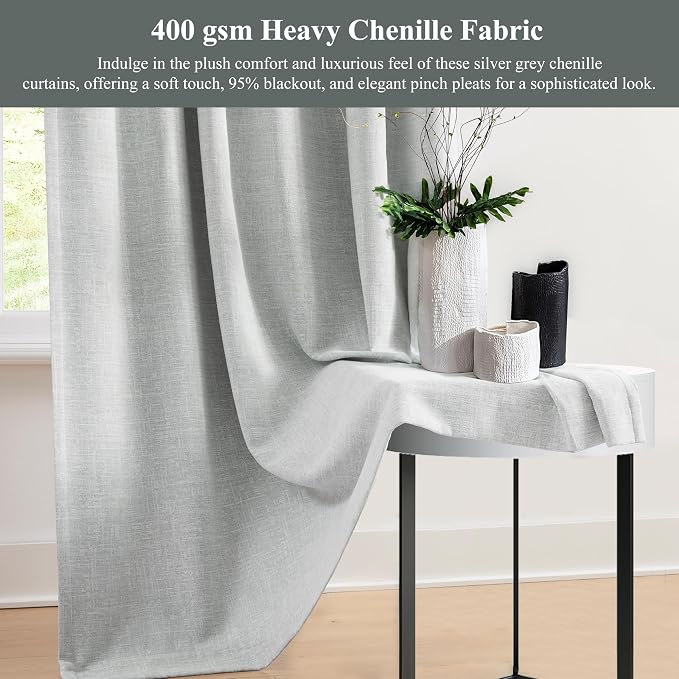 WEST LAKE 102 Inch Chenille Pinch Pleat 95% Blackout Window Curtain Panels | Silver Grey Triple Weave Textured Heavy Chenille Drapes,Modern Bedroom Window Treatment,Back Tabs,40"Wx102"L,Pack of 2
