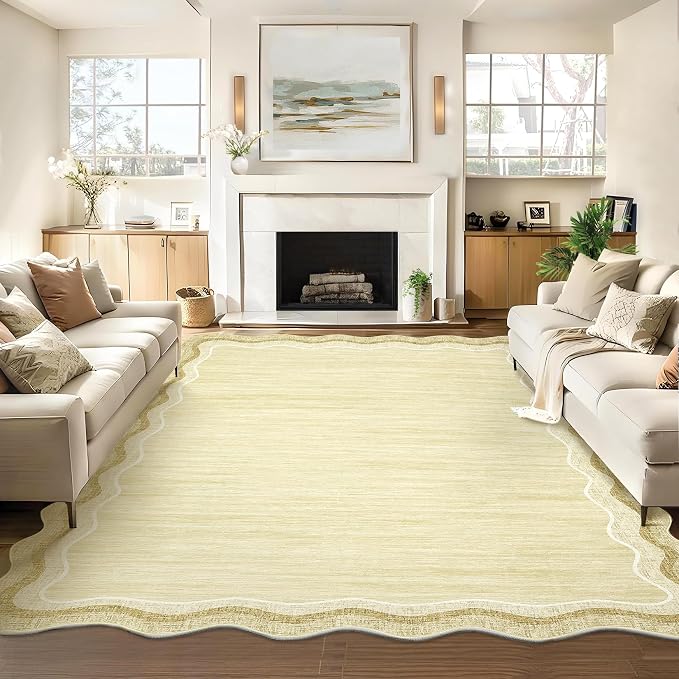 Garvee Scalloped 10x13 Area Rugs for Living Room Large Washable Rugs,Neutral Solid Rug Stain Resistant Non Slip Floor Mat Carpet Indoor Accent Rug for Bedroom Dining Room Playroom Home Decor,Beige | Rugs for Living Room, Non-Slip Soft Carpet for Bedroo...