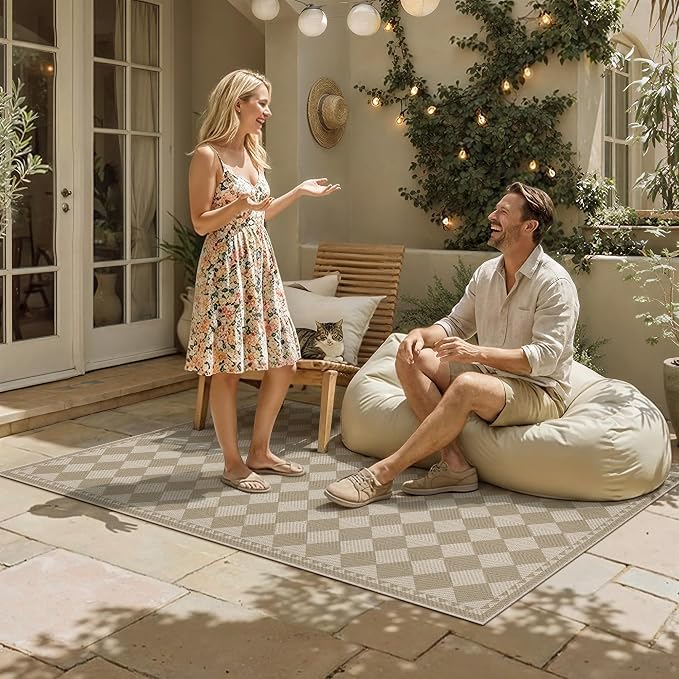 HUGEAR 3x5 Outdoor Rug Brown/Beige Linen-Look Fabric Checkered Area Rug High Traffic Stain Resistant Easy Clean Durable Rugs for Indoor/Outdoor Patio Deck Balcony Porch Garden Courtyard
