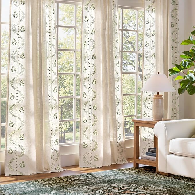 jinchan Floral Linen Curtains 72 Inch Back Tab 2 Panels Sage Green | Embroidered curtains,boho curtains,living room,bedroom,light filtering,privacy,flower patterned drapes,window treatment