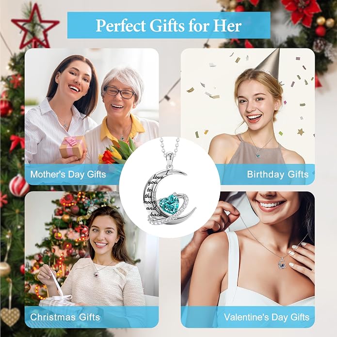 Distance I Love You to The Moon and Back Necklace for Women, S925 Sterling Silver Forever Love Heart Birthstone Necklace, Anniversary Birthday Jewelry for Wife Lover