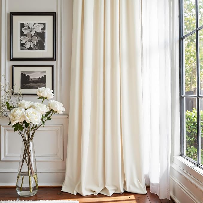 Cream Beige Velvet Curtains 102 Inch Custom Length for Kids Bedroom Aesthetic Contemporary Modern Farmhouse Cute Fancy Silk Satin Textured Ruffle Curtains for Closet Cabin French Country Movie Theater