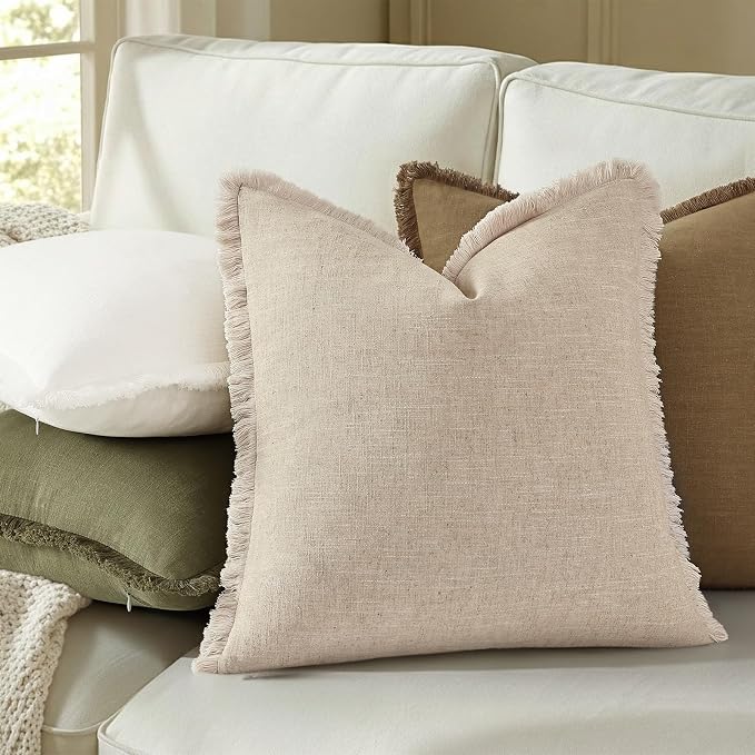 decorUhome Linen Fringe Natural Beige Throw Pillow Covers 12x20 Set of 2 | Decorative Soft Accent Modern Boho Farmhouse Lumbar Cushion Covers with Tassels Cotton Pillow Covers for Couch Bed Sofa