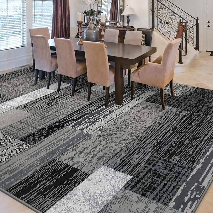 FlyDOIT Modern Geometric Patchwork Area Rug, 5x8 Grey Large Rugs for Living Room, Rockwood Collection Indoor Rugs for Bedroom, Throw Carpet Floor Decor for Entryway Dining Room Office Nursery