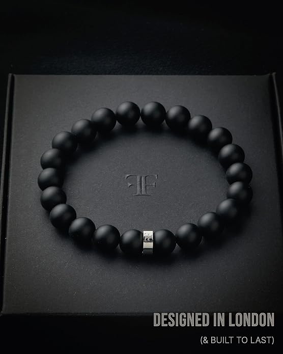 Forge & Foundry Men’s Matte Black Solid Onyx Beaded Bracelet | 10mm, 8mm, 6mm Bead Size Options | Signature Stainless Steel Engraved Bead | Andalus