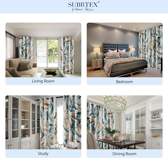 SUBRTEX Boho Leaf Printed Curtains 108 inch Long 2 Panels, Room Darkening Vibrant Floral Drapes, 50% Blackout Light Flitering, Semi Sheer Farmhouse Curtains for Living Room, 52Wx108L, Blue Leaf