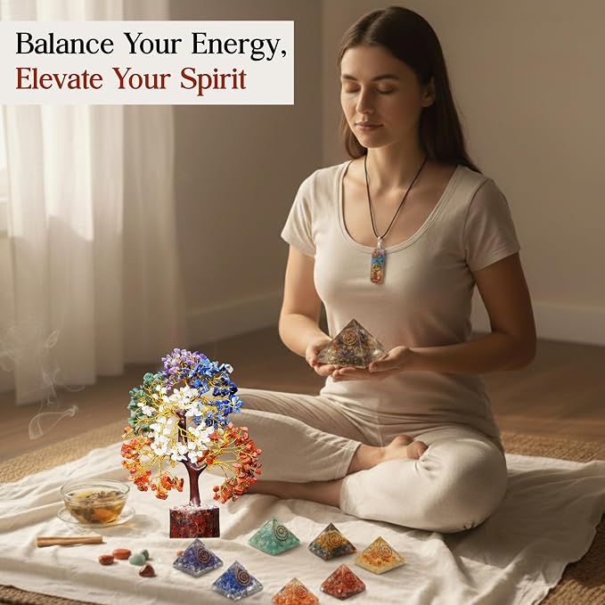 500 Beads 7 Chakra Tree of Life - Large Crystal Feng Shui Positive Energy Tree - Meditation Gift, Crystals and Stones, Spiritual Items, Home Office Decor