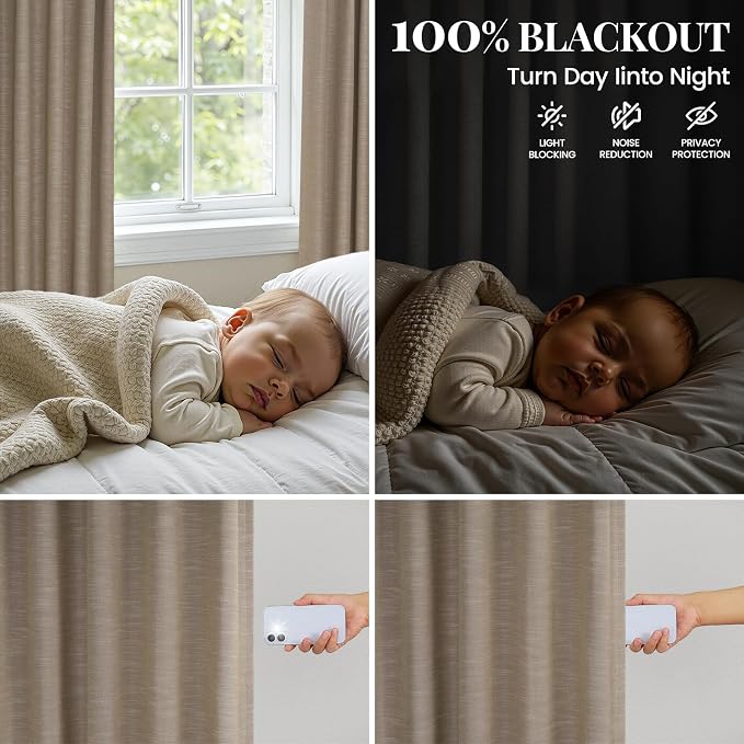 Topfinel Burlywood Blackout Linen 96 Inch Long 2 Panels Set, 100% Light Blocking Rod Pocket & Back Tabs Drapes for Living Room, Modern Rustic Thermal Insulated Blackout Window Curtains 52" W*96" L