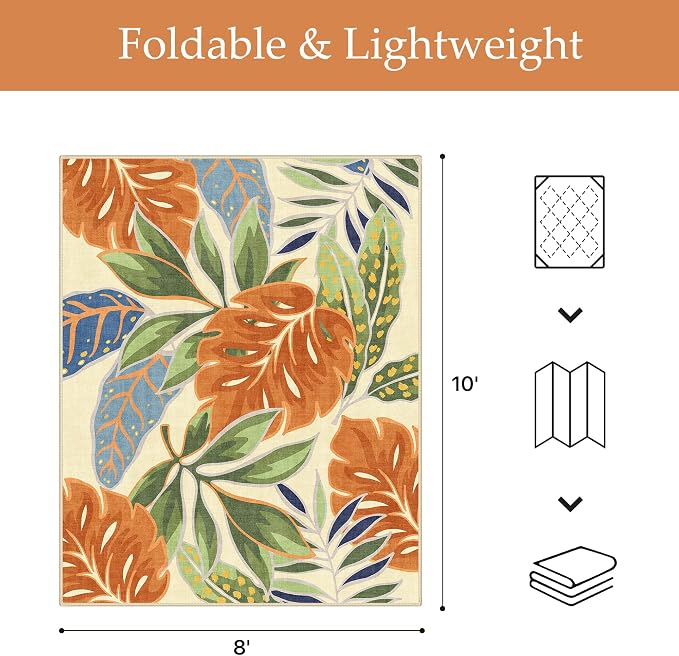 GENIMO 8x10 Outdoor Rug, Washable Quick Dry for Patio, Rust Sage | Botanical leaf design for backyard; fade resistant chenille with quick-dry non-slip backing for indoor living rooms.