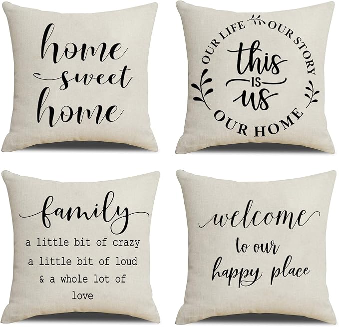 Farmhouse Pillow Covers Family Throw Pillow Case Our Happy Place Home This is Us Quote Cushion Cover for Couch Sofa Cotton Linen 18x18 Set of 4 Housewarming Gifts