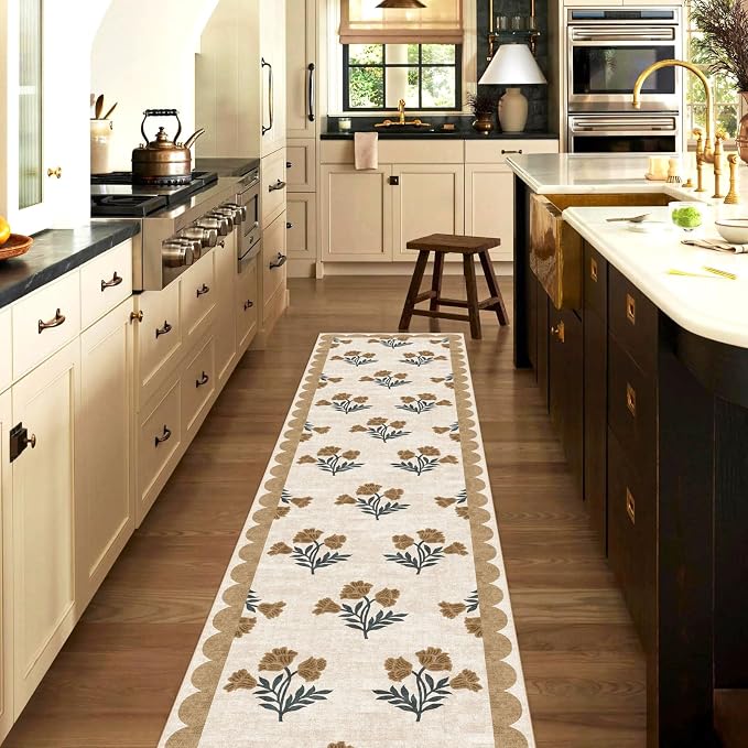 Non Slip Washable Hallway Runner Rug - 2x10 Long Beige Kitchen Runner Rug Soft Boho Runners for Hallways Cottage Floral Scalloped Area Rug for Bedroom Entryway Foyer Bathroom Double Vanity