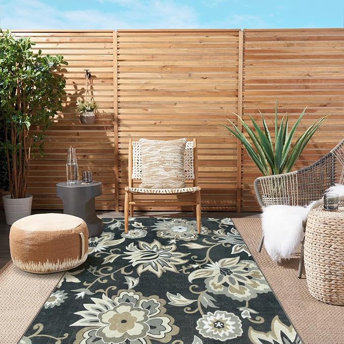 Lahome Floral Indoor Outdoor Rug, 5x8ft Non-Slip Outdoor Patio Rug for Camping Picnic, Portable Outdoor Carpet for Balcony Deck Backyard, Washable RV Mat Outdoor Rugs for Living Room Bedroom,Black