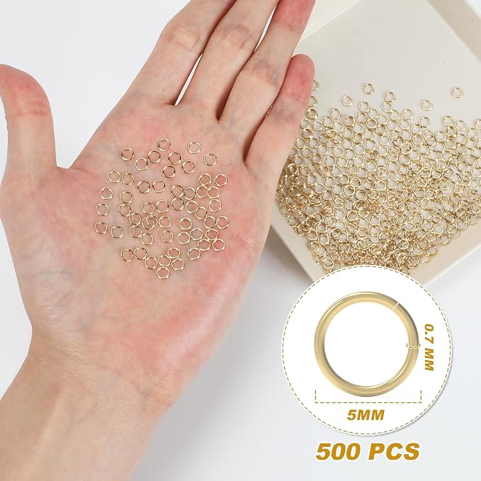 5MM 500PCS 14K Gold Jump Rings for Jewelry Making Non Tarnish Small Open Gold Filled Jump Rings for Necklace Earrings Bracelet Key Chains and DIY Craft