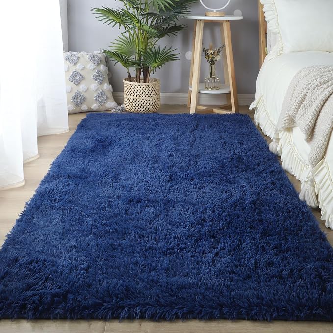 Blue Shag Area Rug 5x7 Bedroom - Soft Fluffy Non-Skid Carpet | Soft as Cotton Under Little Feet - Dense Microfiber Shag Kids Love to Sit, Play and Walk Barefoot on All Day Long