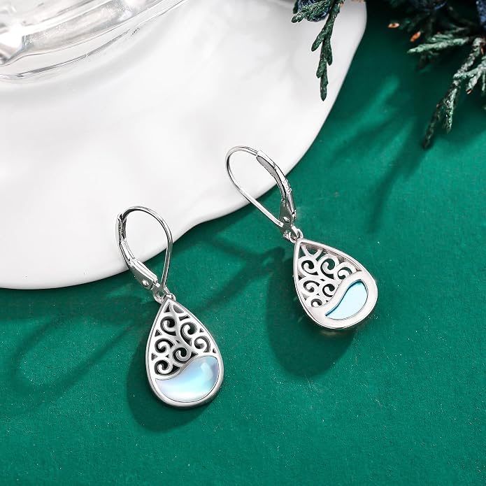 Filigree Teardrop Dangle Earrings Sterling Silver Filigree Moonstone Leverback Earrings Jewelry for Women