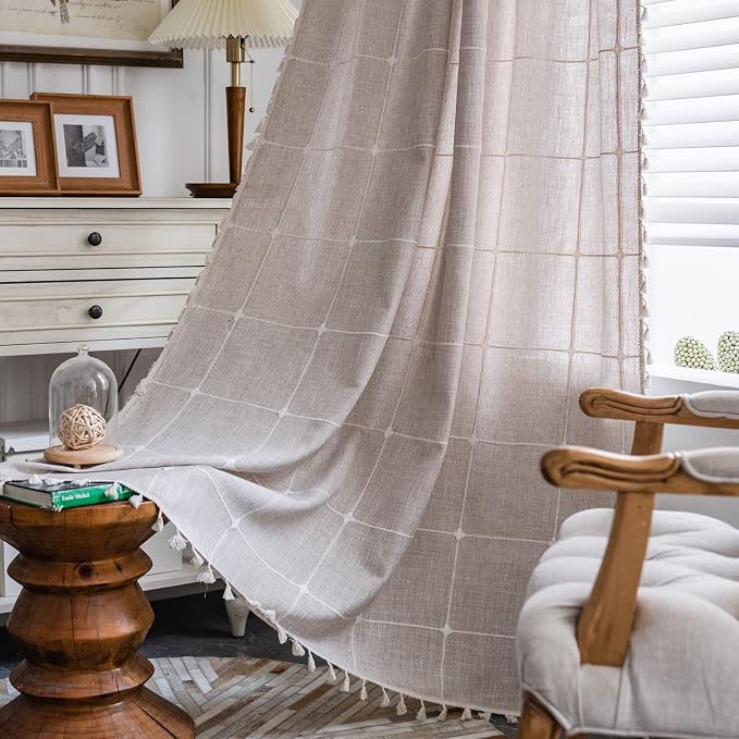 ColorBird Farmhouse Semi-Blackout Window Curtains 2 Panels Embroidery Lattice Cotton Linen Darkening Curtains with Tassel Rod Pocket Window Drapes for Dining Living Bedroom (52" W x 84" L, Linen)