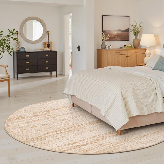 Miukiki Round Rugs 8ft Washable Moroccan Circle Rug for Living Room Non Slip Indoor Floor Carpet Foldable Area Rug for Dining Room with Low Pile(Beige,8'x8')