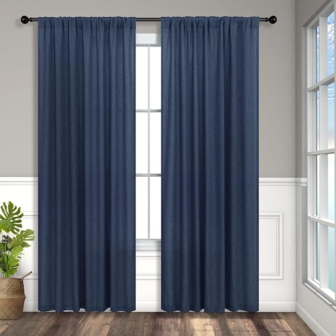 Pitalk Navy Curtains 54 Inch Length for Boys Nursery Room 2 Panels Back Tab Loop Pocket Indigo Blue Linen Farmhouse Nautical Short Light Filtering Curtains for Bedroom Bathroom Boho Decor 52x54 Long