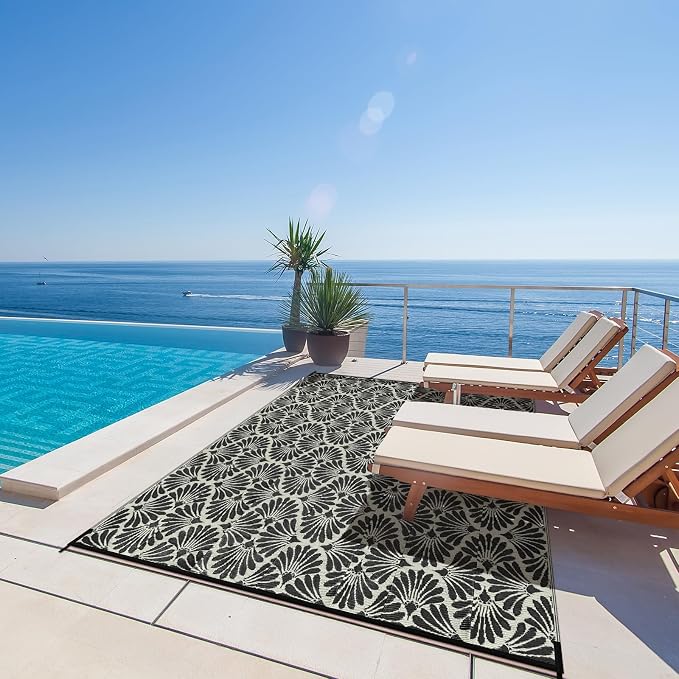 Lahome Outdoor Patio Rugs 8x10 Waterproof, Boho Outdoor Plastic Straw Rug for Porch, Stain Resistant Mats for Backyard Garden Deck Camping Outside, Black White,8'x10'