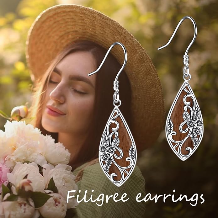 Silver Earrings for Women Sterling Silver Filigree Earrings Teardrop Dangle Drop Filigree Bohemia Jewelry Gift for Women Mother Mom