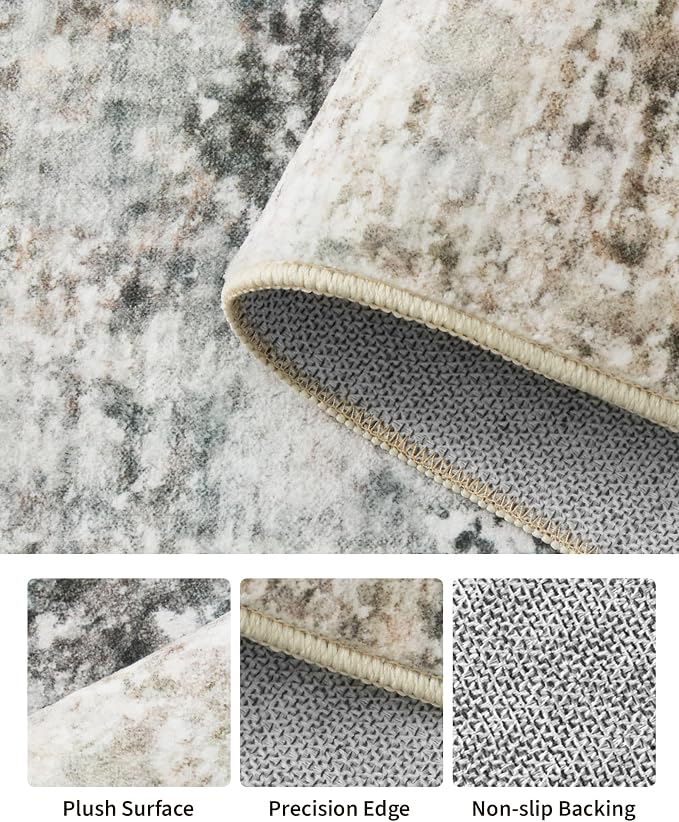 Art&Tuft Washable Rugs 5x7 - Stain Resistant Anti-Slip Backing Abstract 5x7 Area Rugs for Living Room, Foldable Machine Washable Area Rug(5'x7', Grey/Rust)