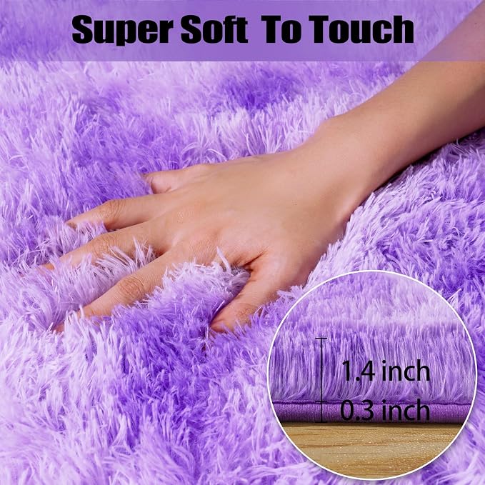 qulint Purple Rugs for Bedroom 3x5, Shag Fuzzy Small Carpet for Living Room | Fluffy Tie-dyed Purple Nursery Rug Soft Plush Shaggy Alfombra for Dorm Kid Room Classroom Home Decor