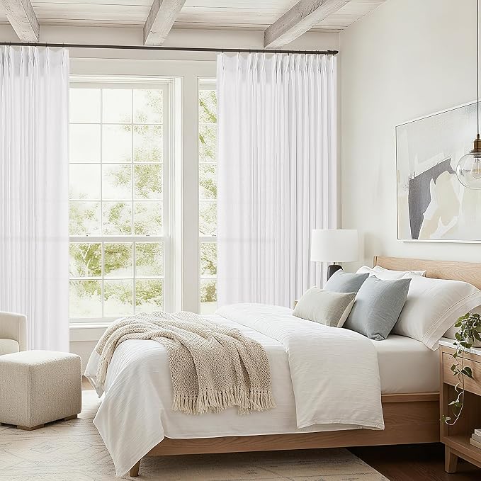 White 100 Inch Wide Curtains 90 Inches Long Large Window Semi Sheer | Light Filtering, Modern Farmhouse, Pleated Curtain, Hooks Rings, for Patio Sliding Door Living Dining Room Divider, 1 Panel