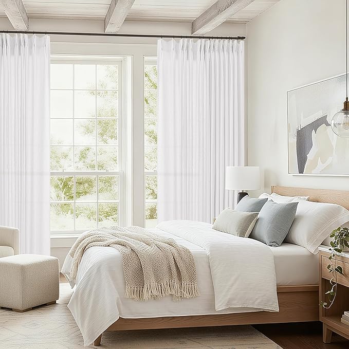 Extra Wide Extra Long Pleated Curtains 102 Inches Long 100 Inch Wide | White, Semi Sheer, Linen Curtains, for Living Room Patio Sliding Door Bedroom Window, Pleat Drape, Modern Farmhouse, 1 Panel