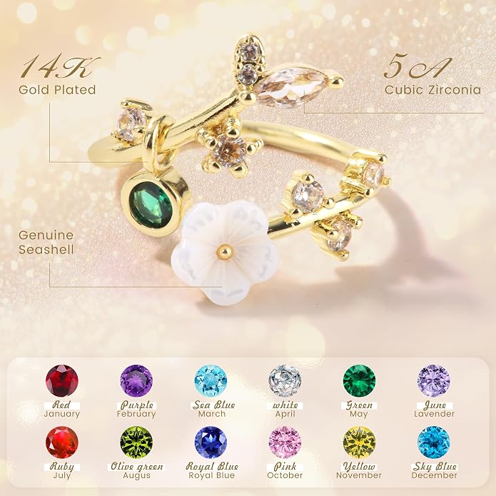 Gold Birthstone Rings for Women Non Tarnish Fashion Stackable Dainty 14KGold PlatedSilver/Rose Adjustable Emerald Green Ring Cubic Zirconia Gemstone Cute Pearl Shell Flower Promise Ring Engagement Birthday Gifts