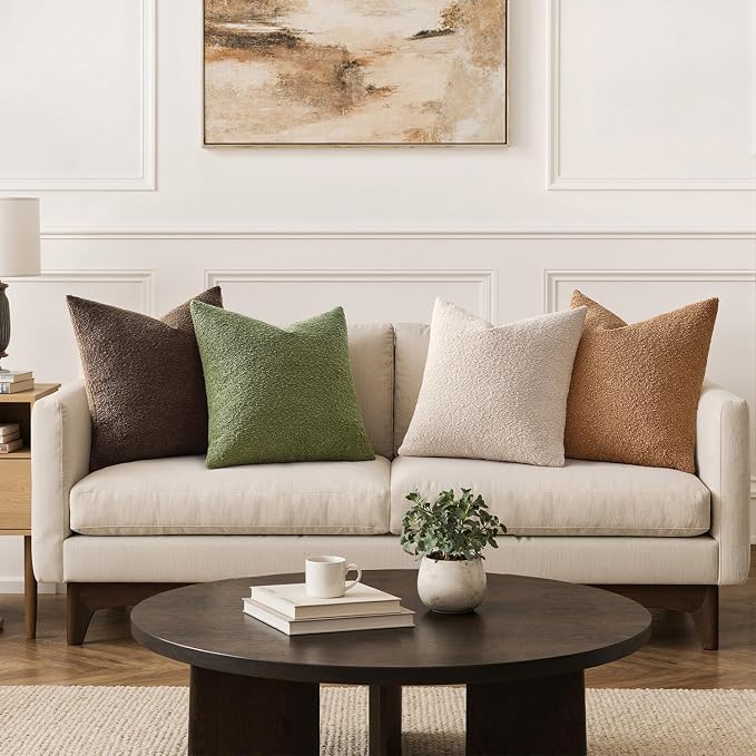 MIULEE Decorative Boucle Throw Pillow Covers 18x18 Green Brown Set of 4 | Textured Accent Pillow Cases Soft Couch Cushion Covers for Modern Farmhouse Boho Sofa Bed Livingroom Home Decor