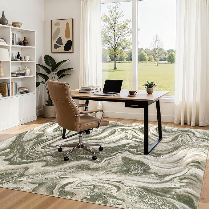 DMOYEST 5x7 Washable Area Rug for Living Room,Non Slip Abstract Rugs,Modern Soft Low Pile Carpet for Bedroom,Dining Room,Home Office-Olive Green