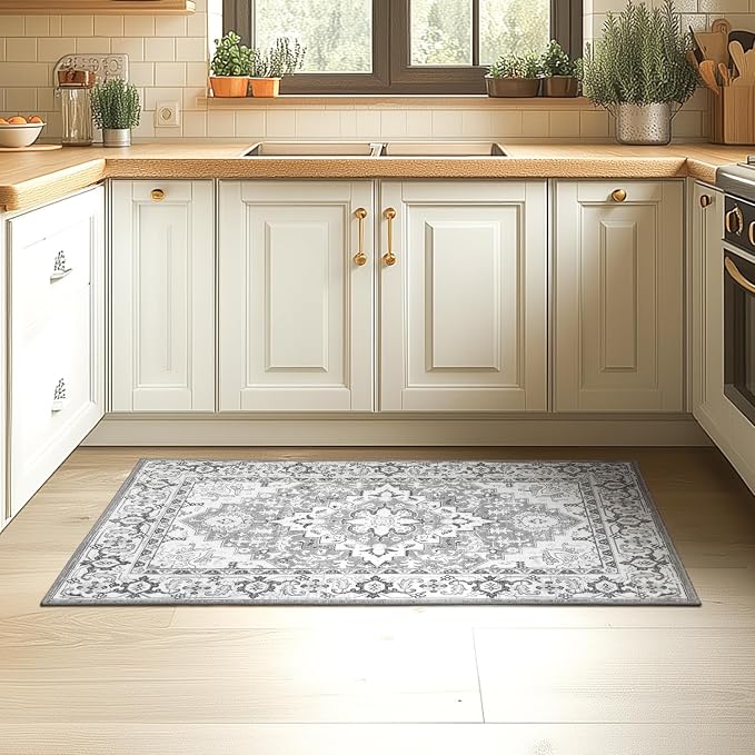 Lessymo 2 x 3 Entryway Rug - Machine Washable Area Rugs Boho Faux Wool Low Pile Area Rug for Bedroom, Floral Medallion Vintage Outdoor Rugs with Non-Slip Rubber,Grey Beige